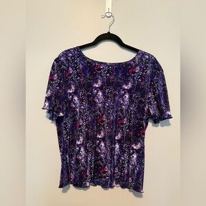 Retro Abstract Pleated Top – Purple/Pink Splash Print – Size L